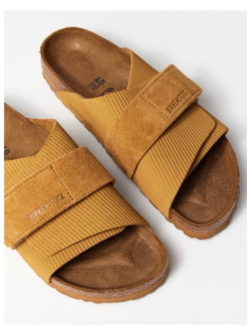 BIRKENSTOCK KYOTO SUEDE LEATHER EMBOSSED CORDUROY BROWN SLIDE SANDAL EU40/W9-9.5 - Picture 5 of 15